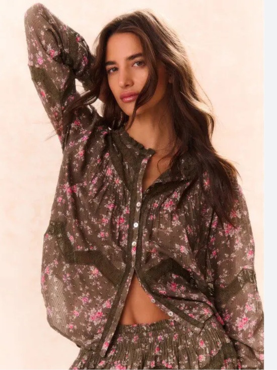 LoveShackFancy Tops - NWT- Loveshackfancy Floral Ravelle Button-Front Lace Trim Blouse- size small